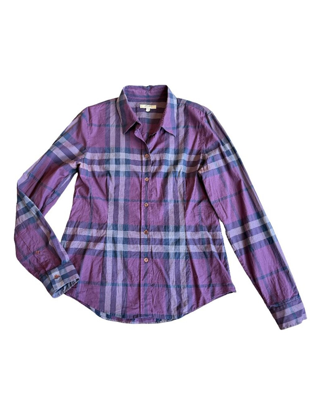 Burberry London Purple Black Plaid Button Down Shirt Long Sleeve Hem Large Men's